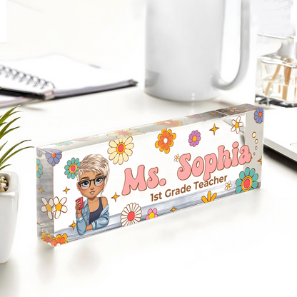 Benutzerdefinierter Hippie Flowers Magic Teacher Name - Personalisiertes Namensschild für den Schreibtisch - Namensschild aus Acryl für den Schreibtisch - Geschenk für Lehrer