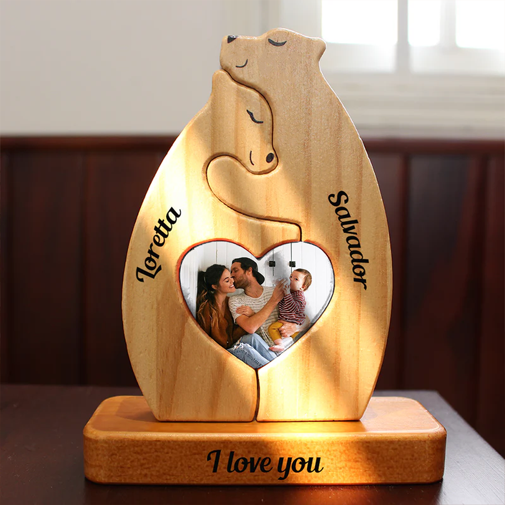 Personalized Wooden Bears Couple With Picture - Puzzle Wooden Bears Family - Wooden Pet Carvings