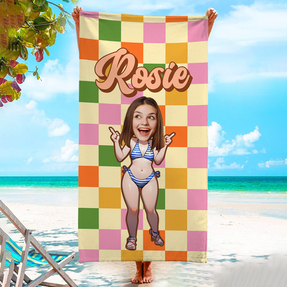 Personalized Photo Retro Style Checkered Beach Towel - Custom Vintage Beach Towel With Name - Groovy Birthday Vacation Gift - Beach Summer Towel