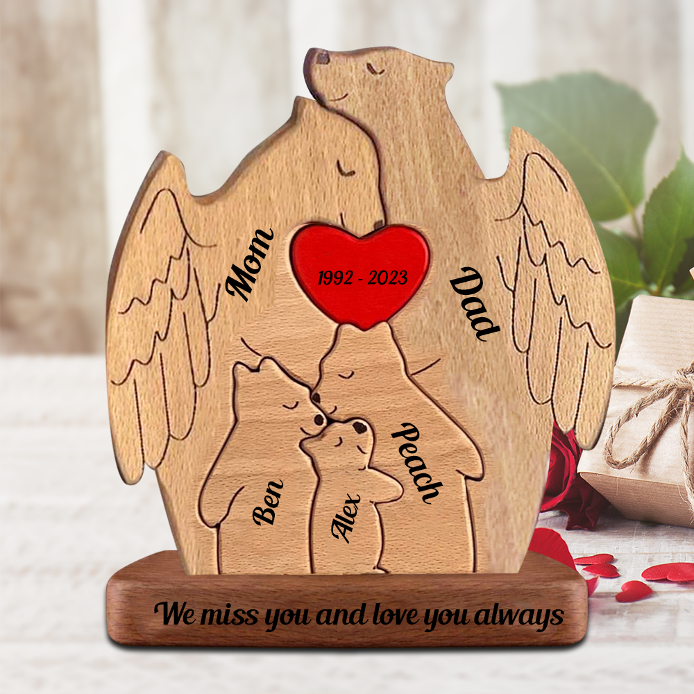 Memorial Wooden Bears With Wings - Puzzle Wooden Bears Family - Wooden Pet Carvings