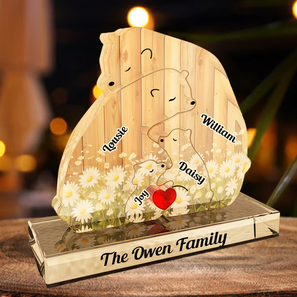 Personalized Acrylic Family Bear Puzzle - Cozy Bear Hug with Wood Grain Floral Accent - Christmas Family Keepsake Gift