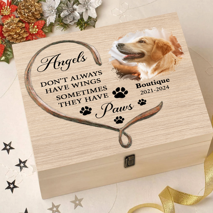 Paw And Angel Wings Personalized Pet Memorial - Custom Engraved Memorial Wooden Treasure Keepsake Box