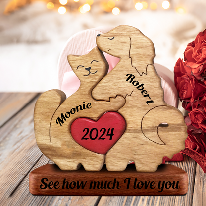 Couple Dog and Cat Together Personalized Wooden Couple - Puzzle Wooden Bears Family - Wooden Pet Carvings