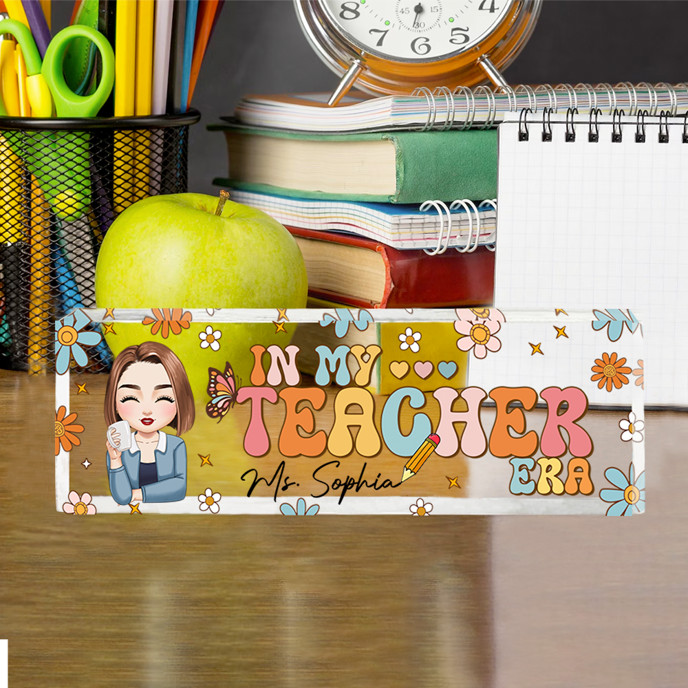 Custom In My Teacher Era Retro Flowers - Personalized Teacher Acrylic Desk Name Plate - Gift For Teacher