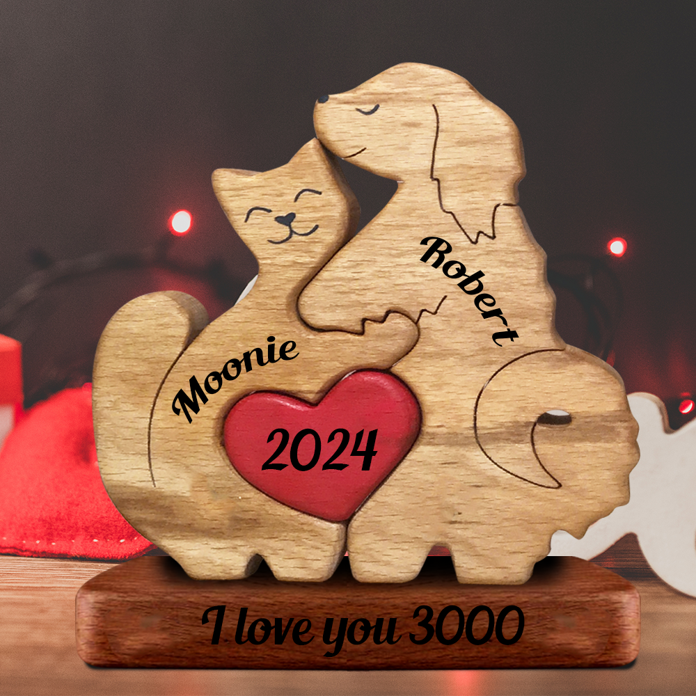 Couple Dog and Cat Together Personalized Wooden Couple - Puzzle Wooden Bears Family - Wooden Pet Carvings