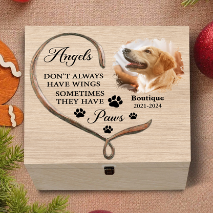 Paw And Angel Wings Personalized Pet Memorial - Custom Engraved Memorial Wooden Treasure Keepsake Box