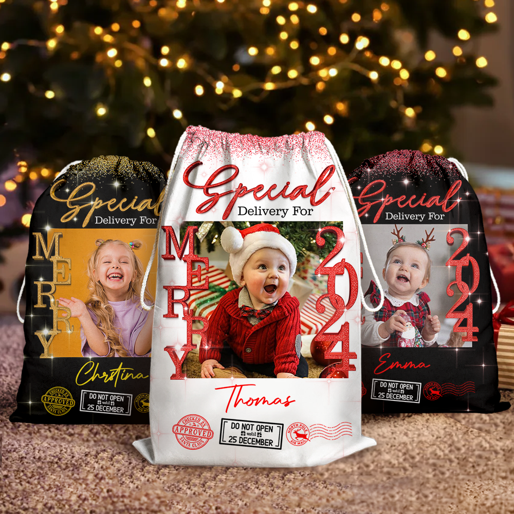 Personalized Glitter Santa Christmas Sack - Special Delivery Gift Bag - Custom Name Photo Christmas Eve Box