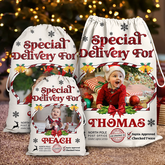 Glitter Special Delivery Christmas Sack - Custom Photo Name Presents Bag - Christmas Gift