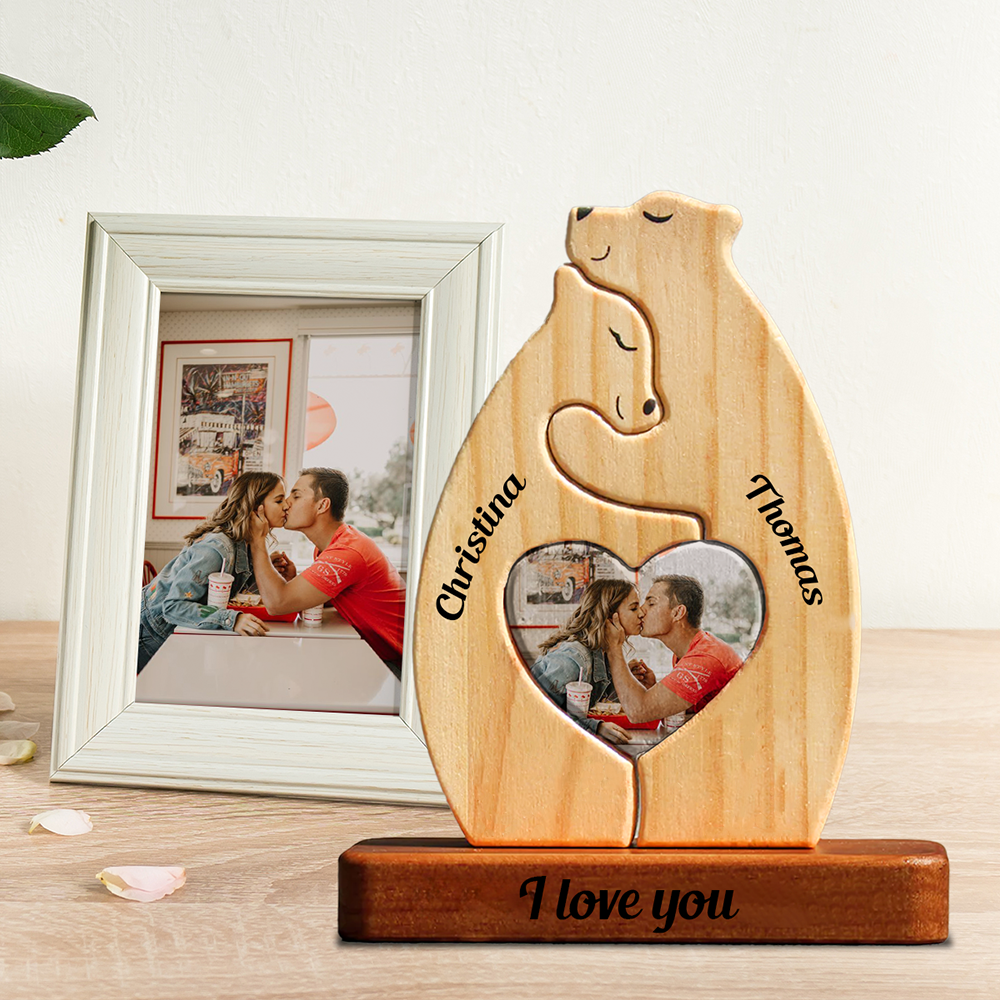 Personalized Wooden Bears Couple With Picture - Puzzle Wooden Bears Family - Wooden Pet Carvings