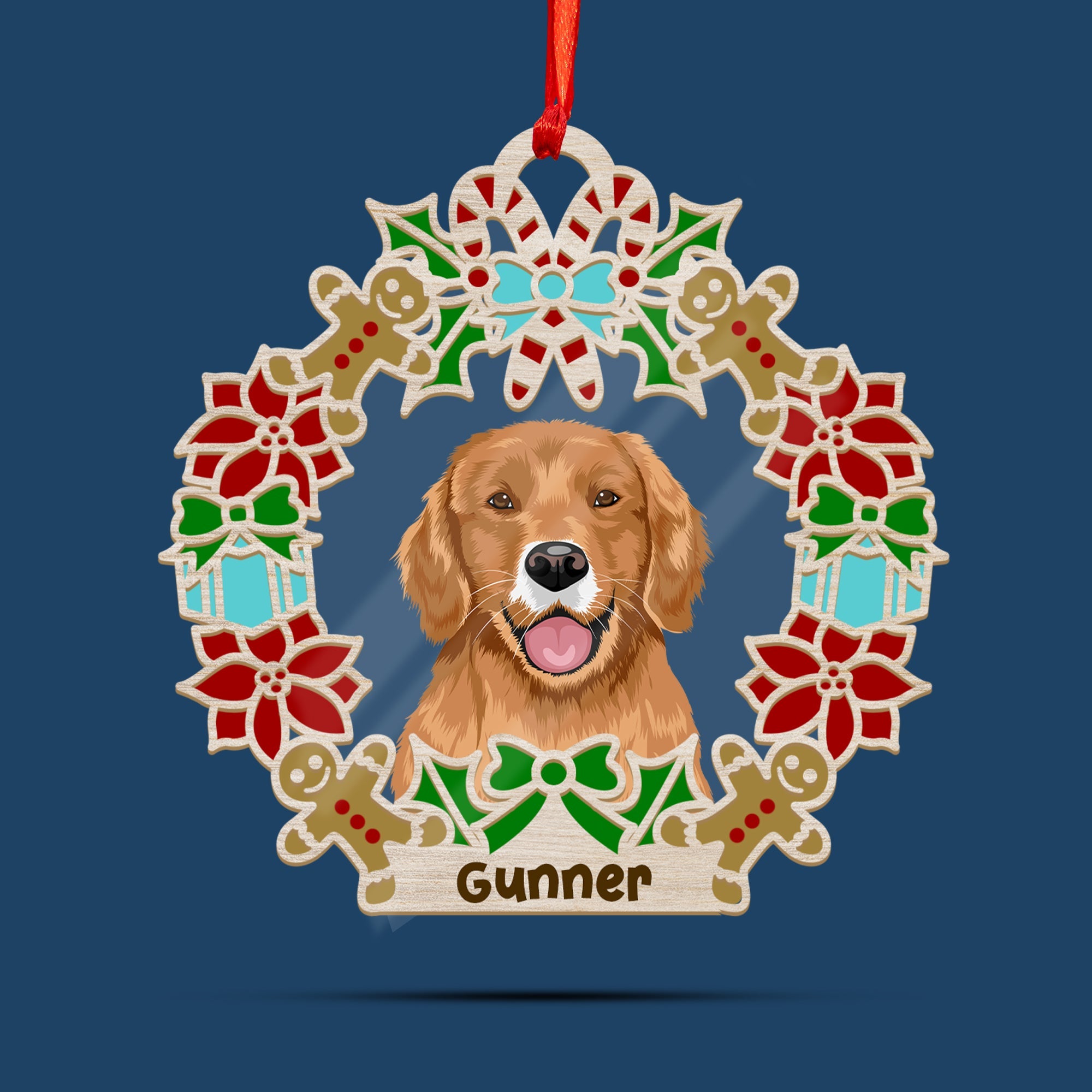 Wreath and Dog Holiday Christmas Ornament - Custom Shape Wood and Acrylic Ornament
