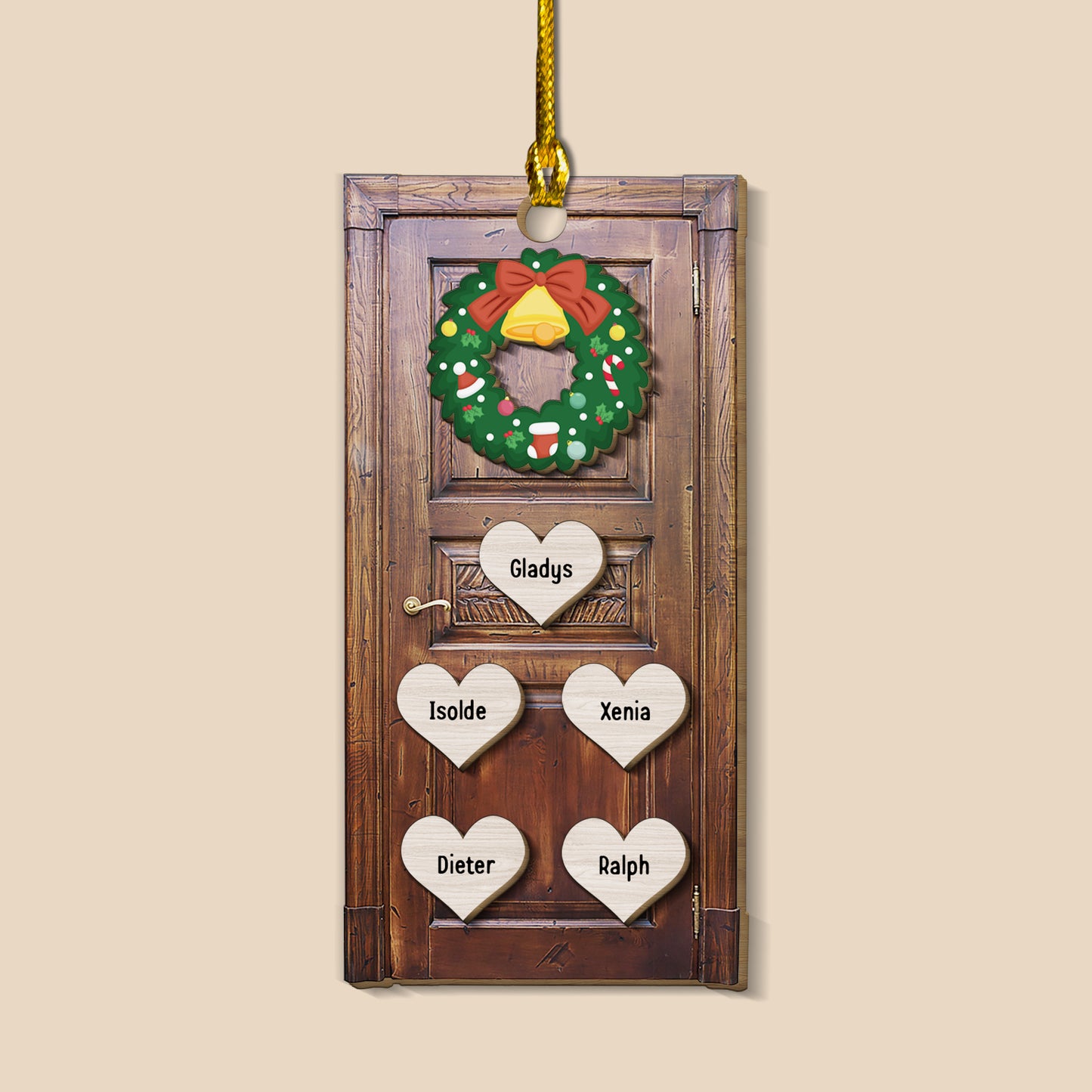 Front Door Christmas Holiday Ornament with Wreath - Custom Shape Wood Ornament - Wood Ornament 2 Layered