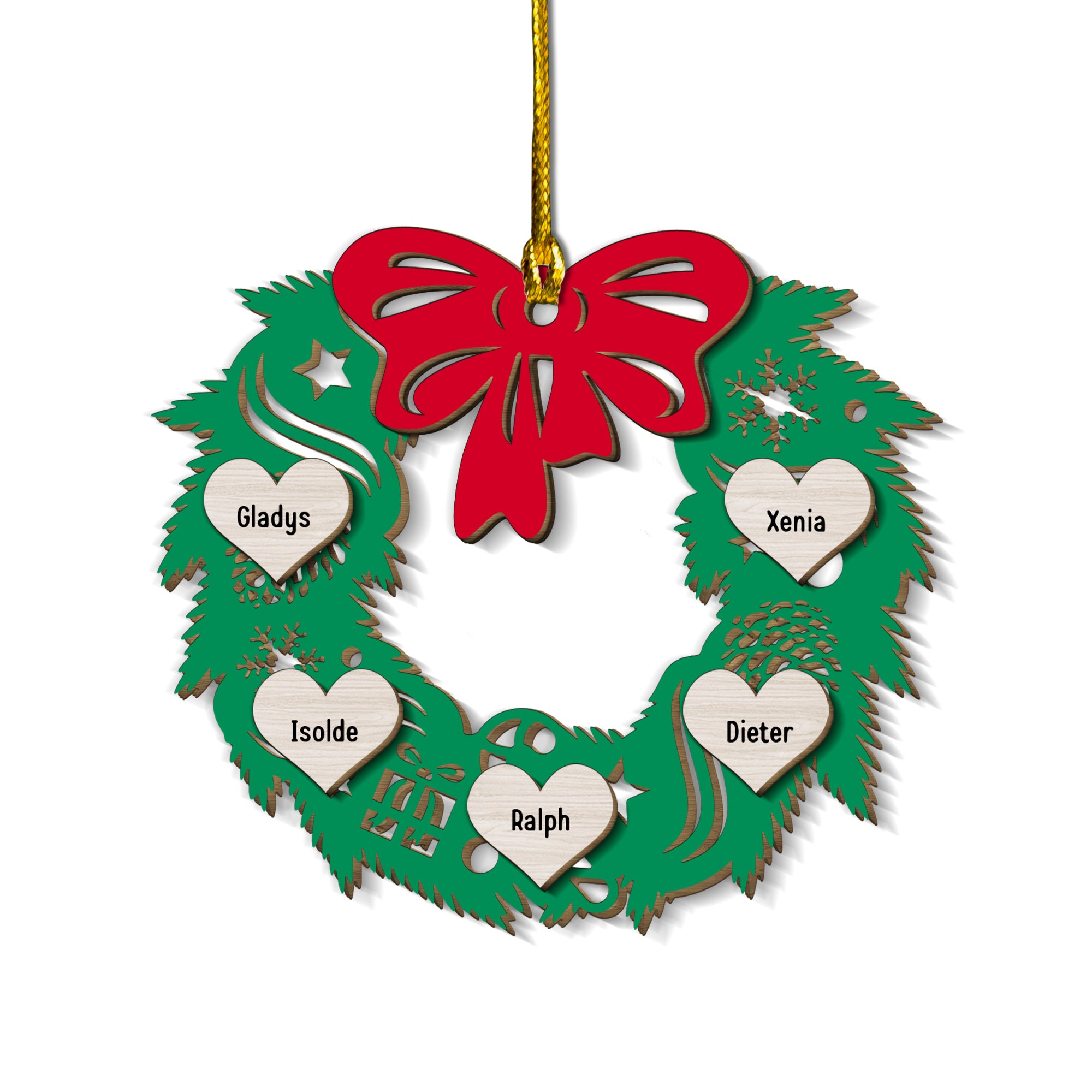 Christmas Family Wreath Ornament - Custom Shape Wood Ornament - Wood Ornament 2 Layered