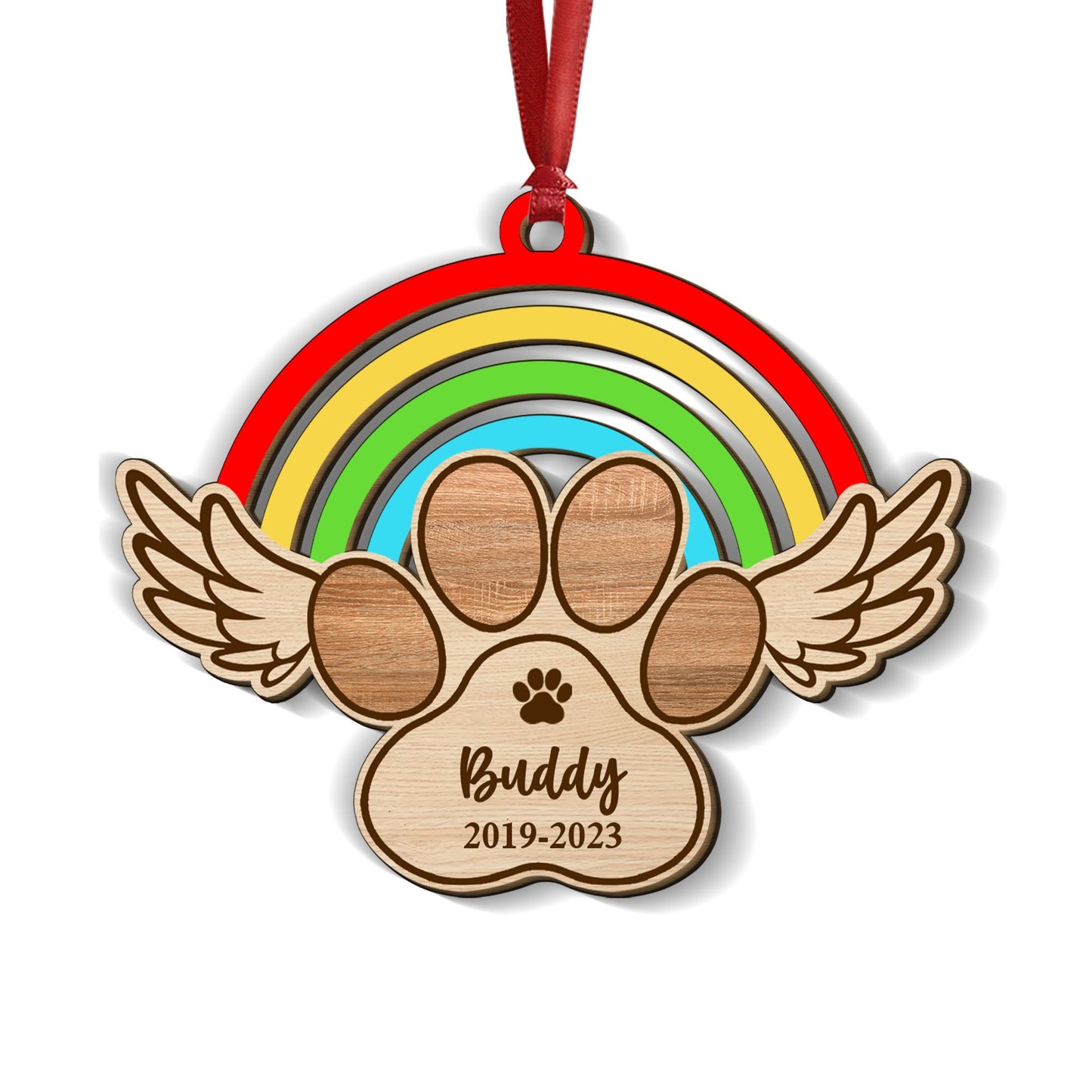 Memorial Rainbow Paw Christmas Ornament - Custom Shape Wood Ornament - 1 Layered Wood Ornament