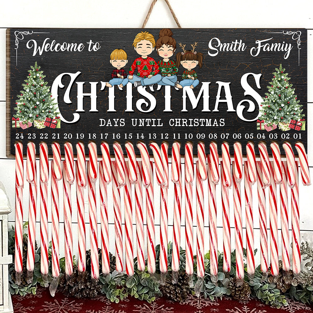 Willkommen Weihnachtsfamilie für eine süße Jahreszeit – Zuckerstangen zum Zählen bis Weihnachten – personalisiertes Weihnachts-Countdown-Holzschild